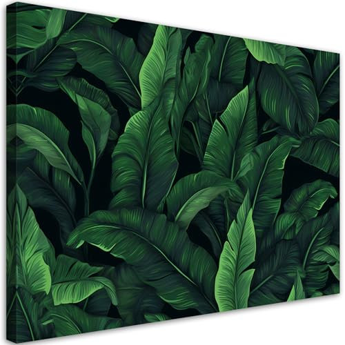 Feeby - Wandbilder Wohnzimmer Laub Natur 60x40 cm Leinwand Bilder, Bilder für Schlafzimmer, Echter Gemalter Effekt, Moderne Wanddeko, Gemälde - Dschungel Exotik Grün