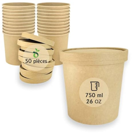 ECOPICNIC Lot de 50 gobelets à Soupe jetables de 750 ML avec Couvercle en Carton Kraft, gobelets Alimentaires Marron avec revêtement en polyéthylène, Bol à Soupe avec Couvercle