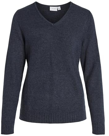 Vila Damen Dünner Strickpullover Knitted Basic Stretch Sweater Langarm V-Ausschnitt Shirt VIRIL, Farben:Dunkelblau, Größe:XS