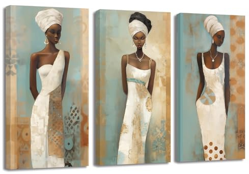 ZXHYWYM Bilder von afrikanischen Frauen 3 teilig traditionelles schwarzes Mädchen Porträtbild Afrika Stammes ethnischer alter Stamm Malerei Vintage Leinwand (Bild-1, (20.00 x 40.00 cms x 3 Teilig))