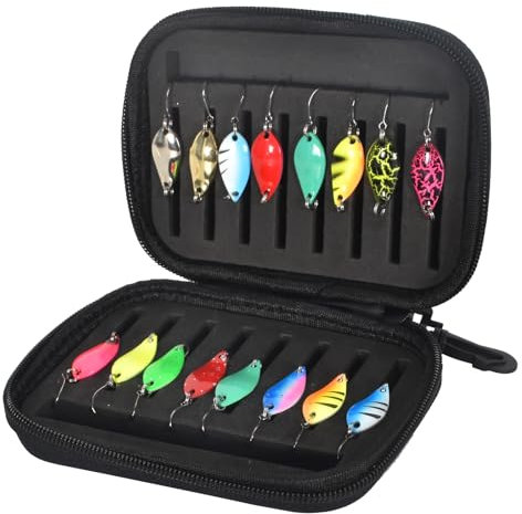 Trout Fishing Spoon Lure, Artificial Bait Spinner Blinker with Storage Box with Single Hook Metal Fishing Lures for Pike Zander Perch Trout 16 Pieces