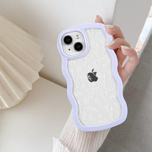 QLTYPRI for iPhone 13/iPhone 14 Case, Cute Curly Wave Frame Clear Case for Girls Women,Flower Clear TPU Bumper Soft Silicone Shockproof Protective Phone Cover for iPhone 13/14-White Floral/Purple