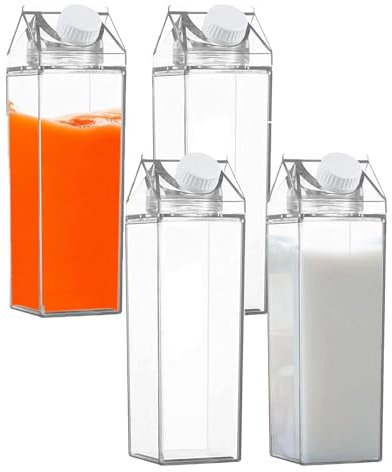 Milk Carton Water Bottle, 4 Pack 500ml Clear Square Milk Bottles, P-lastic Juice Bottles Portable Drink Container, Leak-Proof Reusable Drink Bottles for Fridge Camping Picnic Travel Outdoor Activities