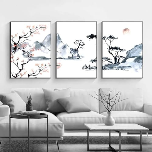 GKUVBF Poster di paesaggi montani in stile giapponese, fiori, ciliegio in fiore, stampe su tela, quadri da parete per la decorazione della casa, 30x40 cm, 3 pezzi senza cornice