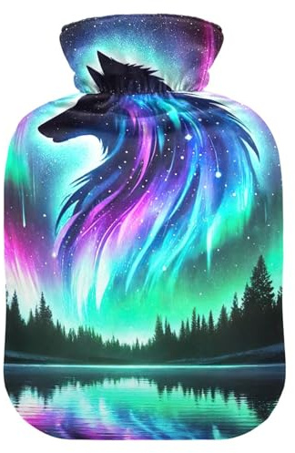 Aurora Wolf Wärmflaschen mit Samtbezug, Wärmbeutel zur Linderung von Nacken- und Schulterschmerzen, 2 Liter
