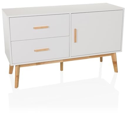 hjh LIVING Sideboard mit 2 Schubladen und 1 Tür TAROLO Kommode 120x40x72 cm Schrank im skandinavischen Stil Weiß, Fußgestell in Eiche