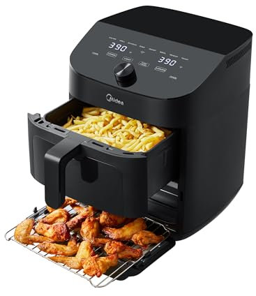 Midea 10 in 1 Friggitrice ad Aria Verticale Doppia Zona, 11L Wifi Air Fryer con 2 Cassetti 5L & 6L, Componenti Antiaderenti Lavabili in Lavastoviglie, compatibile con App, 2400W