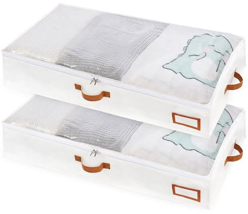 MEKOTRIN Under Bed Storage Box with Lid 2Pack 90L Clothes Storage Bag with Zip & PVC Top Large Underbed Storage Organiser with 4 Handles for Clothes Duvet Comforter Blanket Bedding