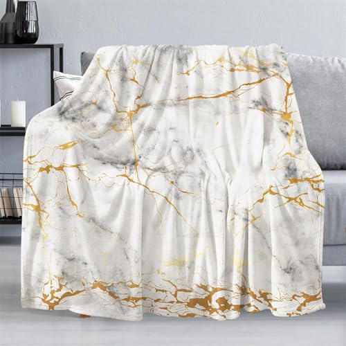 Chickwin Flanell Kuscheldecke, 3D Marmor Stil Fleecedecke Flanelldecke Kinder Erwachsene Flauschig Warm Wohndecke Sofaüberwurf Decke Mikrofaser Wohnzimmerdecke (135x200cm,Gold Marmor)