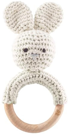 MayLily - Rassel & Beißring Hase – Handgefertigtes - Spielzeug für Babys - Holz Baby Rassel Greifling - Babyrassel Holzspielzeug Beißring für Mädchen und Junge - Geschenk zur Geburt (cream)