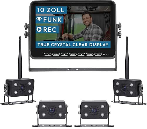 VSG24 10“ Element Wired PRO HD Funk Rückfahrsystem mit 4 Kameras für Wohnmobil & LKW, KFZ Set Rückfahrkamera kabellos + Monitor DIY Nachrüsten 12V-24V Kamera digital Auto Rückspiegel Pferdeanhänger