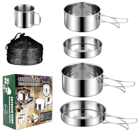 KUIRUNRX® Batterie de Cuisine de Camping, Couverts Pliables Empilables, Kit de Camping Vaisselle en Acier Inoxydable, pour Camping, Extérieur, Randonnée, Piquenique, Fermeture éclair