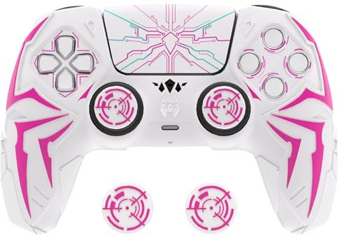 PlayVital Cover Controller per ps5 Joystick Custodia Silicone Skin Antiscivolo Grip Ergonomico, 2 Copri Analogici e 6 Adesivi, Adatto per ps5 Base di Ricarica, Cyber Spider - Bianco&Rosa