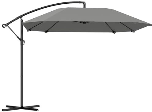 Outsunny Ampelschirm Alu Ø 260 cm Sonnenschirm, wasserdicht Kurbelschirm mit Ständer, Kurbel, Windsicherung, neigbar Marktschirm kippbar Gartenschirm Sonnenschutz für Balkon Garten Terrasse Dunkelgrau