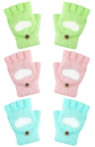 Geyoga 3 Paires Gants Convertibles sans Doigts de Cœur Gants Demi-Doigts d'Hiver Chauds pour Enfants Fille Garçon pour Sport Ski