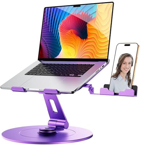 LOXP Laptop Stand with Phone Holder, Adjustable Laptop Stand with 360 Rotating Base, Aluminum Computer Mount Holder, Ergonomics Laptop Riser for Desk, Fits MacBook, up to 17.3 All Notebooks Purple