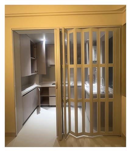 Falttüren für den Innenbereich, weiß, extra breit, 203 cm hoch, PVC-Schiebe-Falttür-Set mit Acrylglas und Griff, ohne untere Schiene, Falttüren für Balkon, Büro, Loft, Speisekammer, platzspa