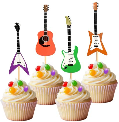 Silars Gitarre Tortendeko, 24 Stücke E-Gitarre Cupcake Topper Rock Musik Deko Geburtstag, Tortenaufleger Gitarre für Musikfans, Gitarristen & Rocker fur Musikalisches Thema Geburtstag Disco Party