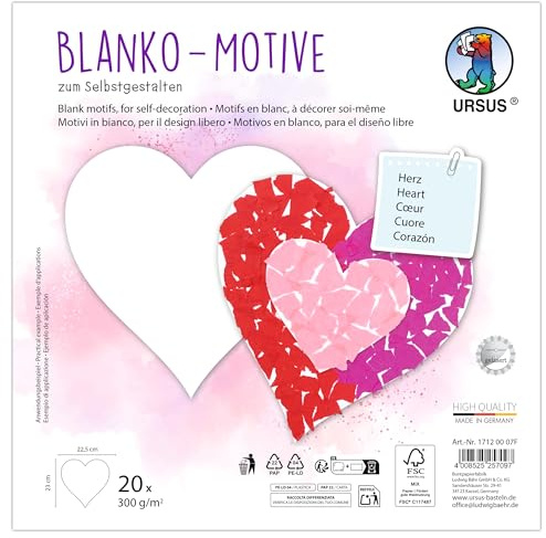 Ursus 1712 00 07F - Blanko Motive Herz, 20 Stück aus 300 g/m² Fotokarton, 23 x 22,5 cm, DIY Bastelpapier zum Ausmalen, Bekleben, Ausschneiden & Selbstgestalten
