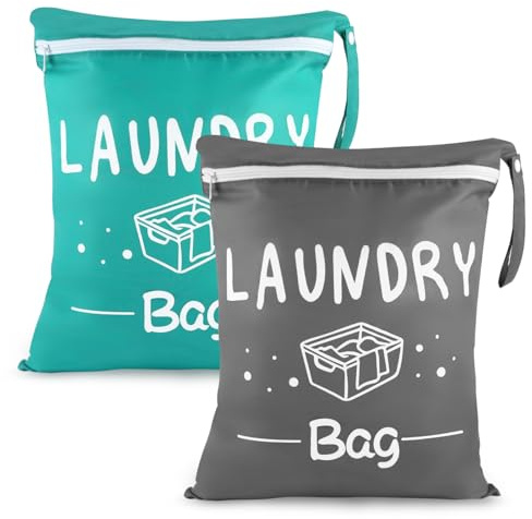 2 Stück Reise Wäschesack Klein mit Reißverschluss, 48 x 38cm Wasserdichte Wäschebeutel Reise, Wiederverwendbarer Nasssack mit Reißverschluss, Wasserdichter Wäschesack für Fitness (Grün + Grau)