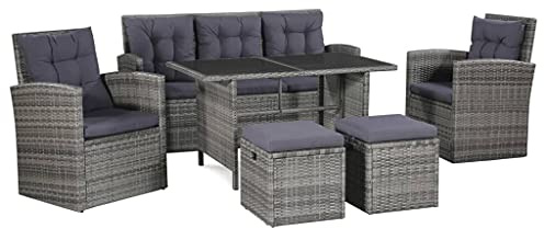 Teenpull 6-TLG. Garten-Lounge-Set, Poly Rattan Grau, mit Auflagen, 120x70x66cm Tisch, für Terrasse & Balkon, wasserfestes Outdoor Sofa Set für Garten & Veranda