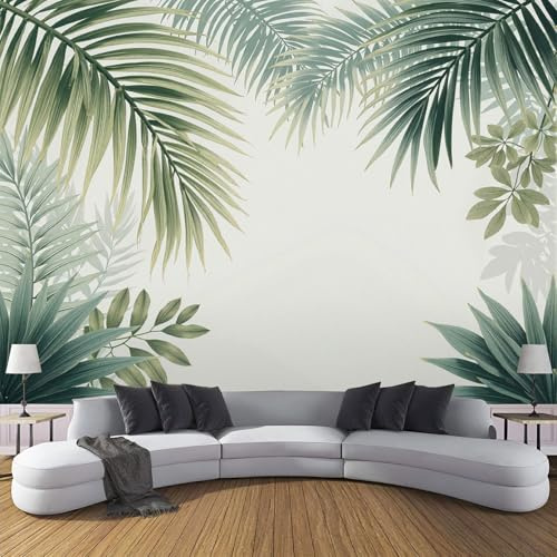 Papel Tapiz Fotográfico Vintage Plantas, 450Anx315Al cm Fondo de Pantalla Naturaleza Hojas De Palma Papel Pintado, Decoración de Pared para Sala Restaurante Cuarto Oficina Salón, Blanco Verde