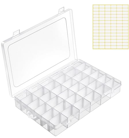 Vicloon Plastic 36 Bead Grids Craft Storage Box, Fishing Tackle Box | Clear Bead Organiser with Adjustable Dividers, Stackable Plastic Container for Jewelry, Art DIY, 1 Sheet Label Stickers