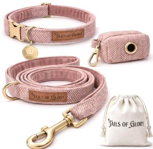 Halsband und Leine Set für Hunde aus Tweed und Samt, 3-teilig