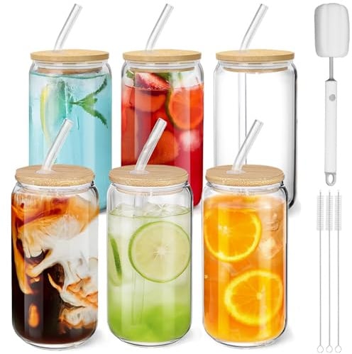 Cafultgo Coffee Mugs 16oz Cappuccino Cups 6 Pack Iced Coffee Glass Smoothie Cups Clear Borosilicate Glass Coffee Cup Set with Lids and Straws for Whiskey, Iced Coffee, Tea, Soda and Cocktails