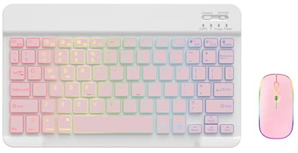 3-Color Backlit Bluetooth Keyboard for iPad, Wireless Glowing Mouse Combo for iPad 10th/9th Gen, iPad Air 4/5, iPad Pro 11 inch, Tablet (10 Inch) (Pink)