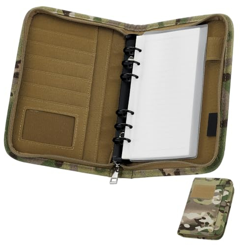OLYCRAFT Camouflage Tactisches Notizbuch Padfolio Ringbuch Tactisches Notizbuch mit Reißverschluss Nachfüllbar 6 Ring A6 Ordner mit 45 Seiten A6 Reißverschluss Ordner für Planer Outdoor