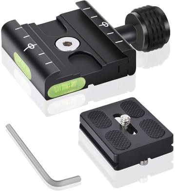 UTEBIT 50mm Piastra Sgancio Rapido con Livella a Bolla Integrata, Adattatore a Sgancio Rapido da 1/4-3/8 per Treppiede Arca Swiss, Compatibile con Fotocamere DSLR