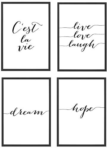Heimlich® Premium Poster Set mit Bilderrahmen Holz Schwarz | 4 x DIN A4 - ca. 21x30 | Stilvolle Poster Collagen mit passenden Motiven als Wandbilder Wohnzimmer » CestLaVie «