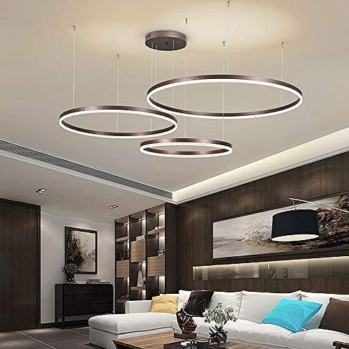 Modern 3 Ringe Ring Pendelleuchte 90W LED Dimmbar Wohnzimmer Kronleuchter Mit Fernbedienung Schick Hängeleuchte Schlafzimmer Salon Esszimmer Leuchter Verstellbare Höhe Kombination Hängelampe,Braun