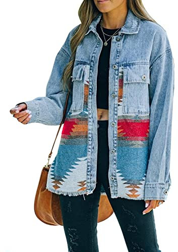 Uposao Giacca da Donna Stampato Motivo Cappotto Giacca di Jeans A Maniche Lunghe Blu Monopetto A Maniche Lunghe con Stampa per Ragazze E Donne