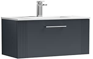 nuie DPF1496B Deco Modern Bathroom Wall Hung 1 Drawer Part Fluted Vanity Basin Unit with Minimalist Ceramic Basin, 800mm, Soft Black