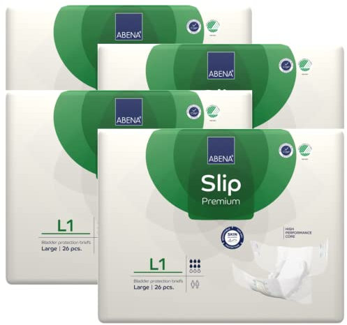 ABENA Slip Premium All-in-One Inkontinenzeinlagen für Damen und Herren, Eco-Labeled, Größe L 1, Taille 100–150 cm, Saugfähigkeit 2500 ml, 4 x 26 Stück, Weiß, L (26 Stück, 4 Stück)