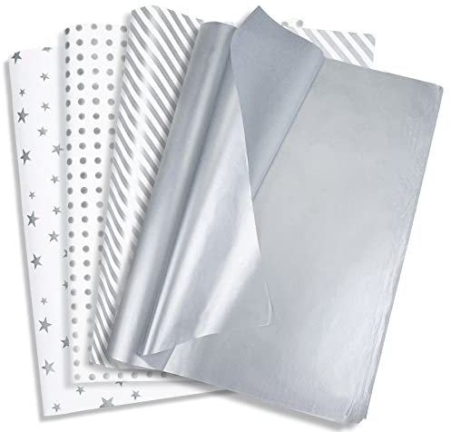 Larcenciel 120 Blatt Seidenpapier, Metallic Silber Seidenpapier für Geschenktüten & Verpackungen Glänzende Geschenkpapier Geschenk Verpackungsmaterial für Party, Geburtstag, Weihnachten, 50 x 35 cm