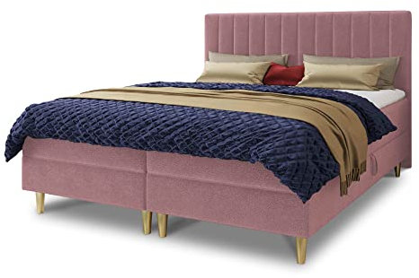 Boxspringbett Gold mit 2 Bettkästen und Topper - Doppelbett, Bonell-Matratze, Polsterbett, Bett mit Matratzentopper, Schlafzimmer, Velours Stoff (Pink (Manila 09), 160 x 200 cm)