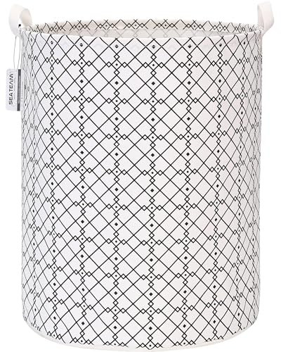 Sea Team 19.7 Inch Large Sized Waterproof Coating Ramie Cotton Fabric Folding Laundry Hamper Bucket Cylindric Burlap Canvas Storage Basket with Stylish Complex Grid Black Design