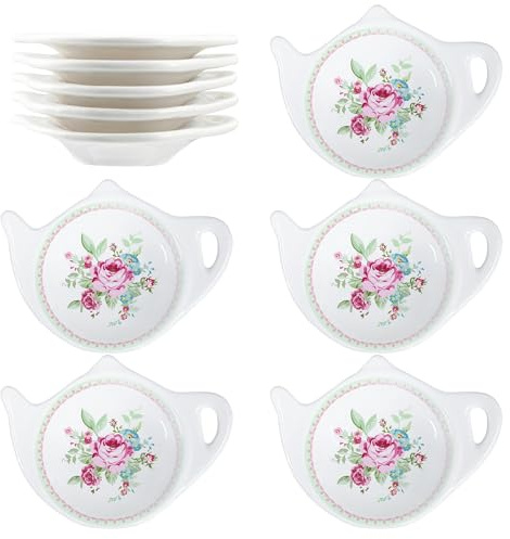 SOCOSY Vintage Flower Porcelain Tea Bag Holder Teapot Shaped Tea Bag Coaster, Little Spoon Rest Tea Accessories Resting Caddy Seasoning Dish for Sauce Dessert, 4 Inch-Floral Flowers-10 PCS
