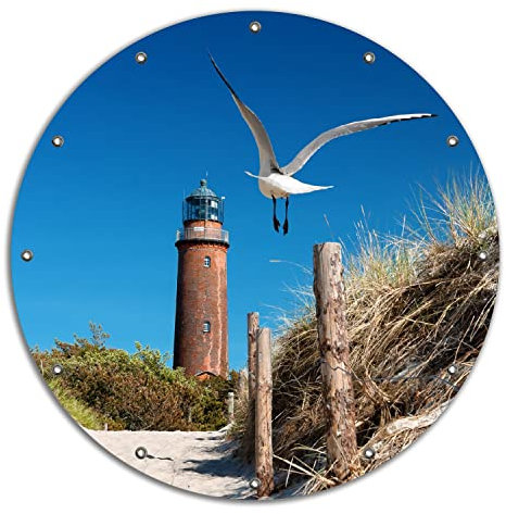 Wallario rundes Outdoor-Poster für Garten oder Balkon Möwe am Strand mit Leuchtturm, Motivbanner 90 cm Durchmesser