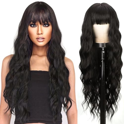 YEESHEDO Damen Perücke Lang Locken Perücken mit pony Für Frauen,Natürlich Schwarz Haare Wig, Alltag Anime Cosplay Kostümparty Halloween Karneval,Black wig 28 Zoll