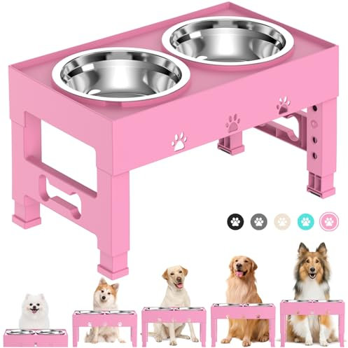 LAKIPETN Elevated Dog Bowls with 2 Stainless Steel Bowls, Raised Dog Food Bowl Stand 5 Height Adjustable (3.1, 9, 10, 11, 12) Non-Slip Feeder Set for Medium and Large Dogs - Pink