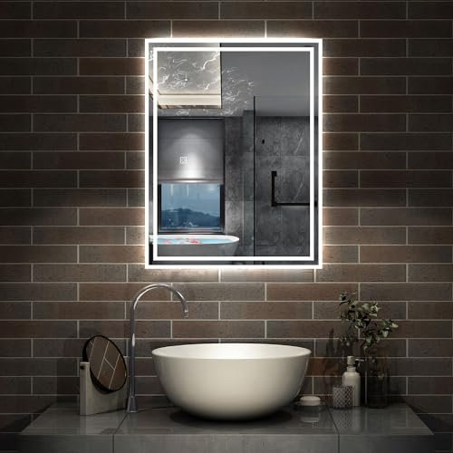 Acezanble 500 X 700 mm Illuminated Bathroom Mirror with Shaver Socket, 3 Colors Dimmable Wall Mounted Bathroom Vanity Mirror with LED Lights and Demister Pad, Energy-Saving LED Smart