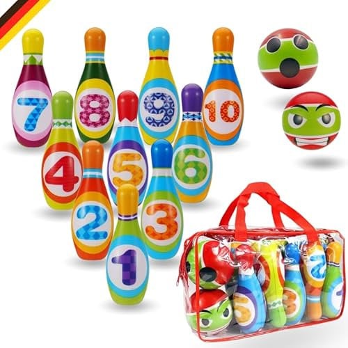 MandA® Bowling Set Kinder - kegelspiel inklusive Tragetasche - Kinderspiele - Geschenk 2-6 Jahren. Enthält 10 14,5 cm. Bowlingkegel und 2 Schaumstoffbälle.
