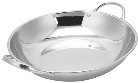 Zerodeko Wok Acier Inoxydable à Double Poignée Poêle à Fond Plat pour Cuisine pour Fondue Fruits de Mer et Viande Compatible avec Gaz et Électrique