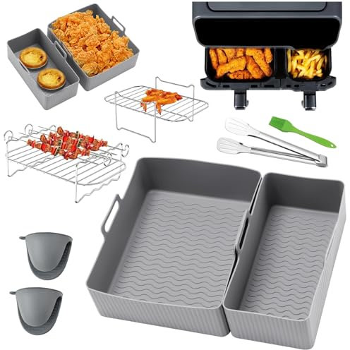 Camiraft Dual Air Fryer Accessoires pour Moulinex EZ9018 5,2/3,1 L,Tefal EY901840,Tower T17099 Salter Lakeland,8PCS avec moule en silicone pour friteuse à air, Air Fryer Rack - Gris