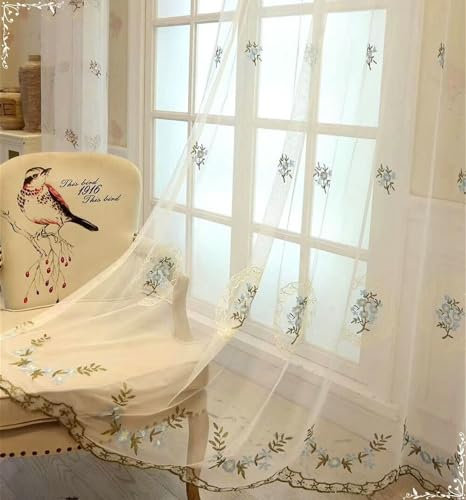 Beydodo Gardinen für Schienensystem, Vorhänge Weiß 2er Set Haken 107x147CM Stickerei mit Blau Blumen Motiv Gardinenschals Polyester Halbtransparent für Wohnzimmer Schlafzimmer Küche