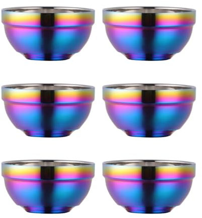 Buyer Star 304 Edelstahl Schüssel Set of 6, 4.48 Zoll doppelwandige Wärmeisolierung Anti-Scalding Küche Suppe Schalen, Regenbogen Farbe Tropfen Widerstand Salat Schüssel Set zum Mischen (350ml)